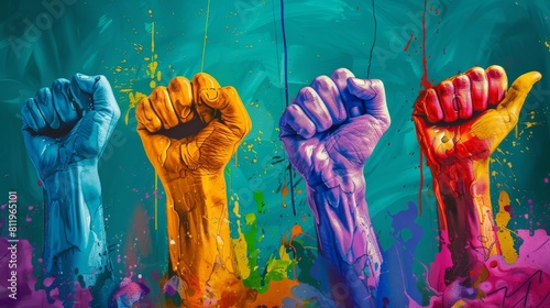 The painting depicts colorful clenched fists raised in the air, symbolizing protest, strength, freedom, and revolution. The vibrant colors contrast with the theme of struggle and oppression, conveying