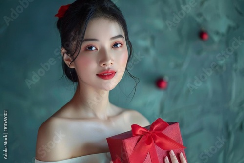 Elegant young Asian woman holding a sleek red gift box with ribbon and bow