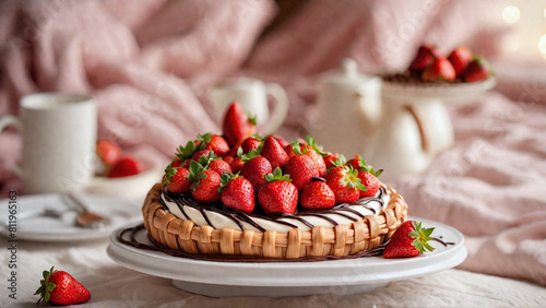 Gâteau à la fraise et aux chocolats avec des pépites d'amandes posés sur un lit dans un panier tressé en liane photo