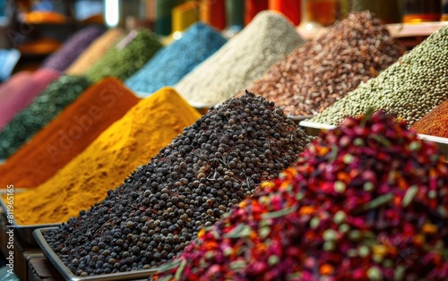 Vibrant mounds of spices and dried herbs displayed in a market. © OLGA