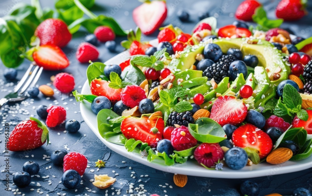 Vibrant salad with avocado, berries, nuts on a white plate.