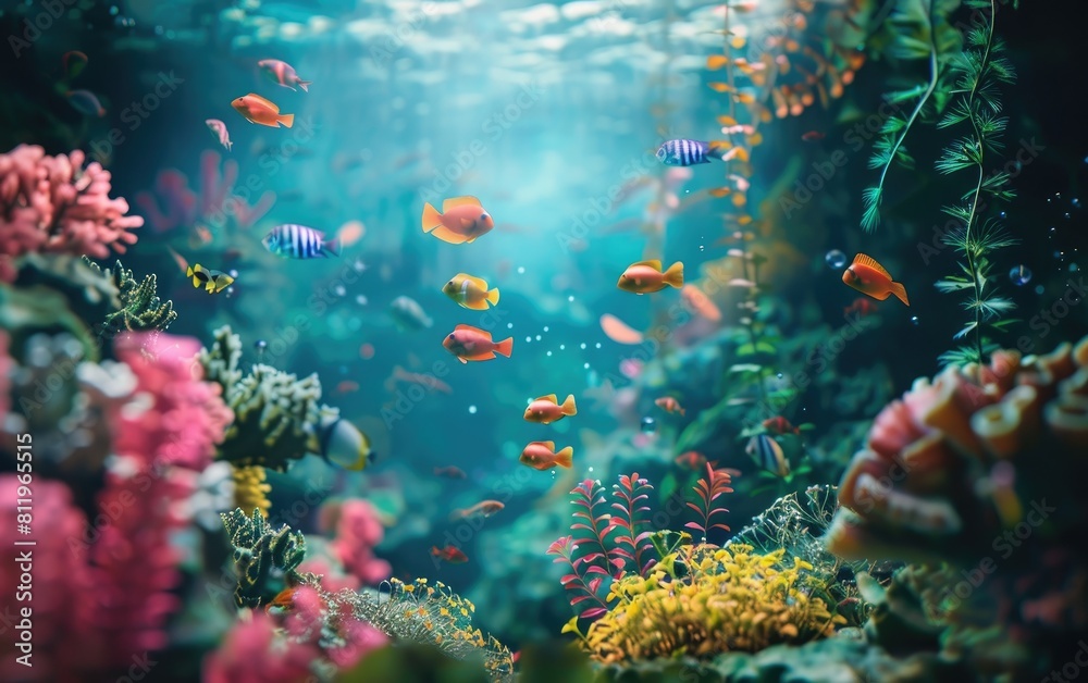 Vibrant underwater scene with diverse tropical fish and coral.
