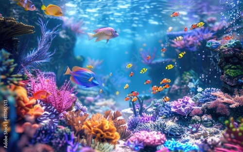 Vibrant underwater scene with colorful fish and coral reefs.