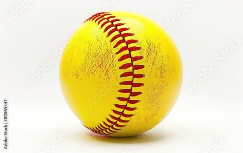 Vibrant yellow softball with bright red stitching.