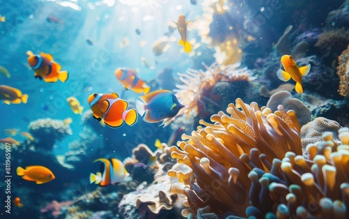 Vivid coral reef teeming with colorful tropical fish under sunlit water.