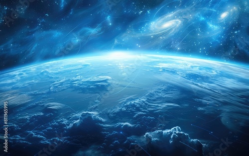 Vivid Earth view from space showcasing continents veiled in blue hues and delicate cloud swirls.