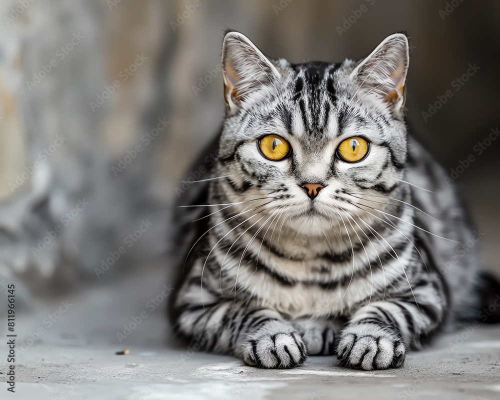 A beautiful tabby cat is sitting on the ground, looking at the camera with its big, round, yellow eyes