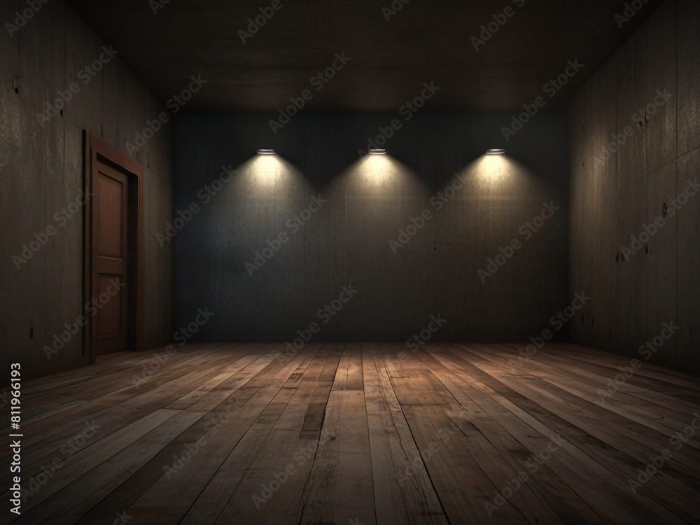 Empty black dark room with wooden flooring