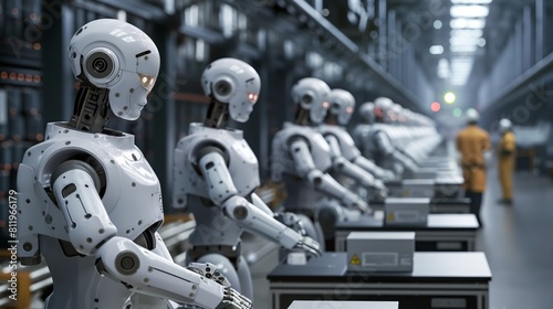 Robotic workers on a factory assembly line. Illustrates advanced manufacturing and the role of robotics in industry automation.