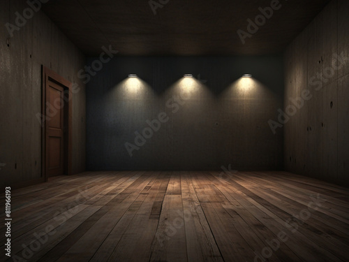 Empty black dark room with wooden flooring