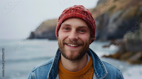portrait of a happy Caucasian man 35 years old with a beard on the background of a rocky seashore in a knitted hat and denim jacket photo