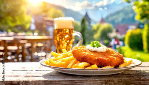 Fototapeta Naklejka Na Ścianę i Meble -  Schnitzel mit Pommes im Biergarten 