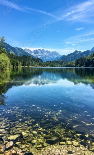 Lake in the mountains  clear water reflecting the surrounding forest 