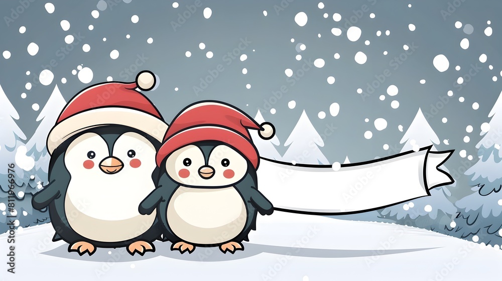 Two Playful Penguin Friends Enjoying a Snowy Winter Wonderland with Santa Hats