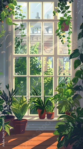 Sunlit Greenhouse Style Window with Flourishing Indoor Plants Offering a Tranquil Natural Workspace or Relaxing Haven