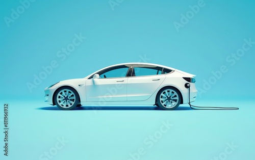White electric sedan with charging cable  sleek design on a blue background.