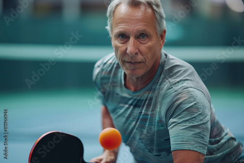 Senior Man Engaged in Competitive Indoor Pickleball Match
