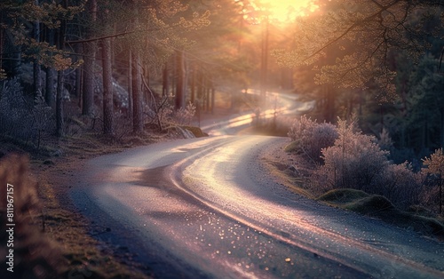 Winding road through a sunlit forest at dawn.