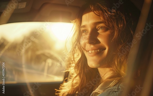 Woman driving, smiling broadly with sun shining through window. © OLGA