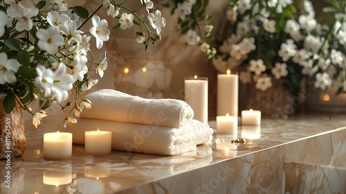 An exquisite spa arrangement with fragrant white blooms  softly glowing candles  and a plush towel set against a backdrop of sleek marble  with the Holy Quran symbolizing serenity and peace
