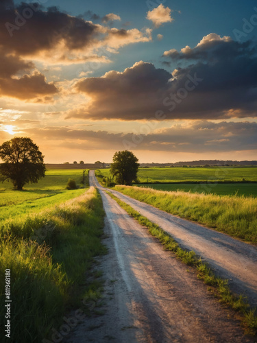 Rural Idyll  Serene Summer Landscape with Green Fields  Empty Road  and Sunset Clouds