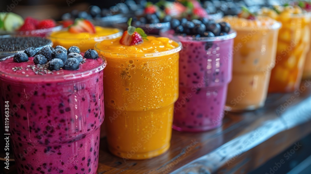 Array of Smoothie Cups Filled With Berries and Blueberries Array of Smoothie Cups Filled With Berries and Blueberries