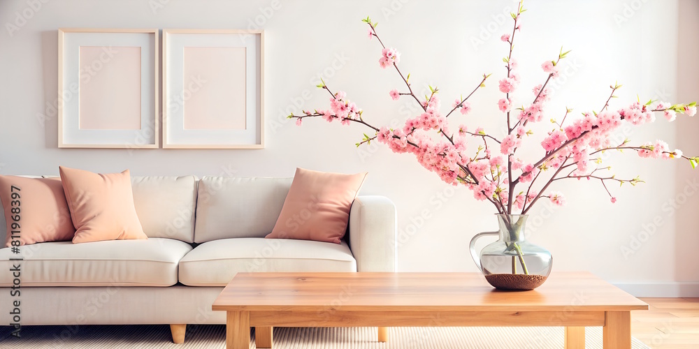 Modern living room in Scandinavian style, vase with blossom twigs  on the table, pastel colors