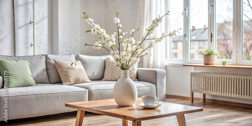 Modern living room in Scandinavian style, vase with blossom twigs on the table, pastel colors