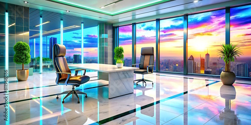 Modern office with neon lighting around, glossy floor, panoramic windows, view from a skyscraper, interior design, look to the future