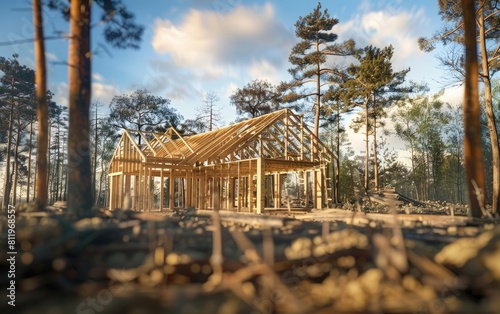 Wooden house frames under construction surrounded by trees.