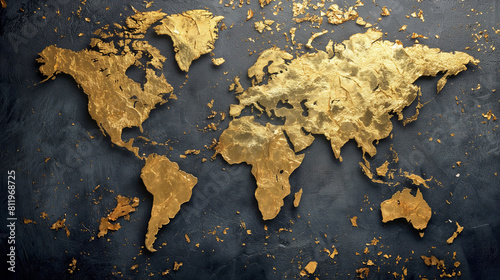 World map with golden texture on a black surface, ideal for luxury branding, global business, and travel.
