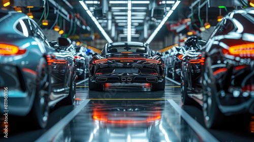 panoramic view of a modern car detailing facility, with multiple vehicles undergoing simultaneous interior and exterior detailing,