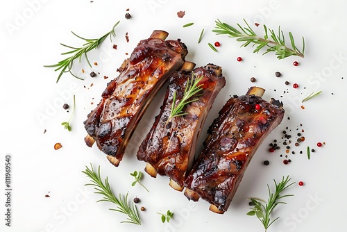 Tasty grilled beef ribs on a white background.