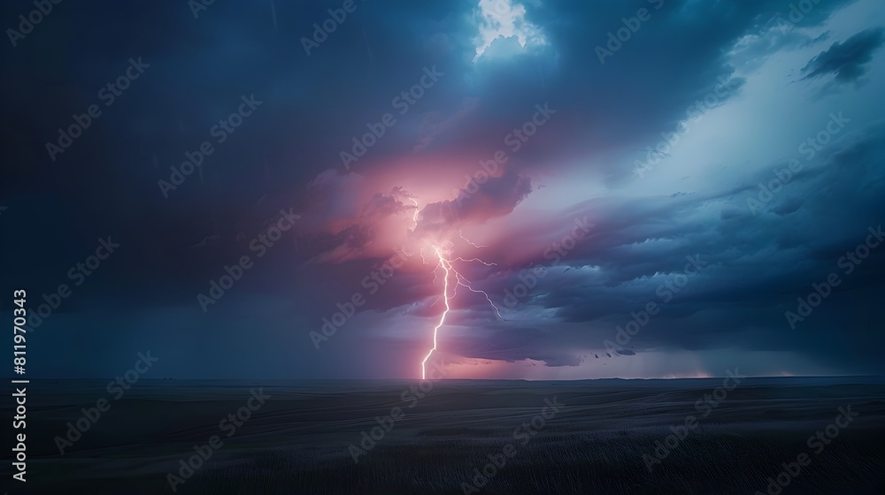 Majestic Lightning Bolt Illuminating the Stormy Dusk Sky Over the Rolling Flint Hills of Kansas