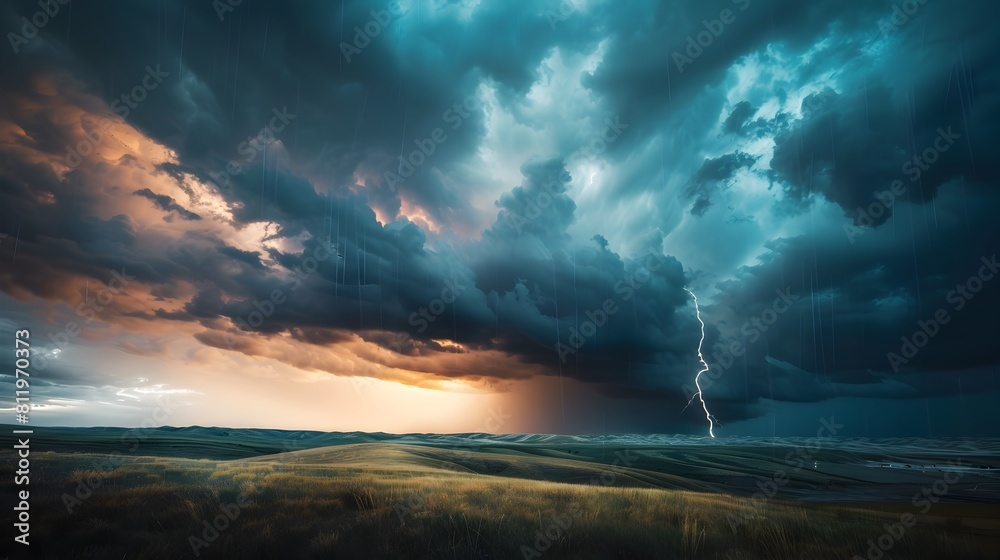 Fototapeta premium Dramatic Lightning Bolt Piercing the Stormy Skies over the Picturesque Flint Hills Countryside