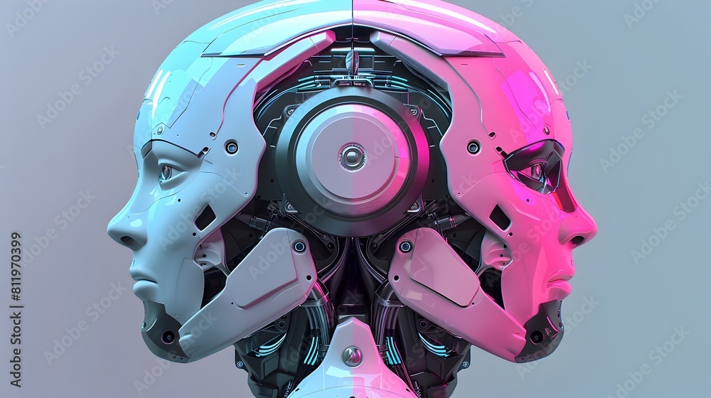 Sleek and Stylish Robot Mecha Head in Vibrant Pink and Blue Tones