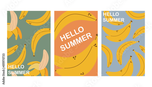 Summer poster with banana in flat style, hello summer, poster concept, postcard, wall art, banner background, summer cards set