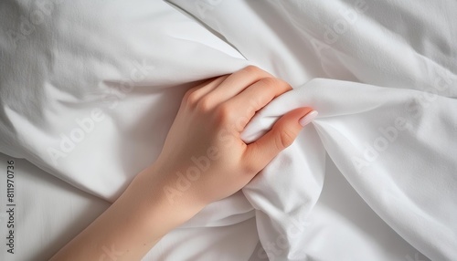 Generated image of woman s hand holding cotton white bed sheet ai generated