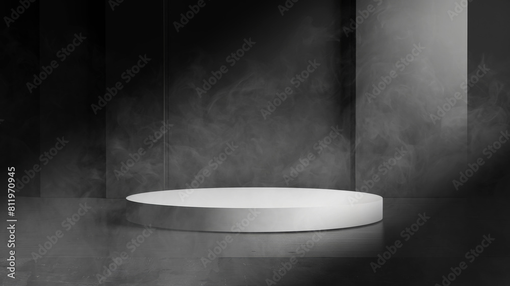 Empty white and black cylinder shape of product display Podium, Stand for showing or design blank backdrop dark abstract wall with smoke float up, platform illuminated by spotlights Empty white and black cylinder shape of product display Podium, Stand for showing or design blank backdrop dark abstract wall with smoke float up, platform illuminated by spotlights