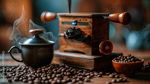 Coffee lover's dream, assortment of coffee beans, coffee cup, coffee grinder, coffee pot