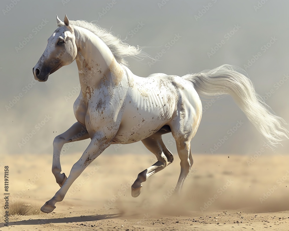 A beautiful white horse is running in the desert