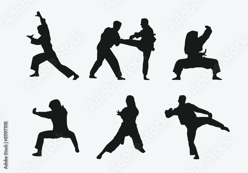 set of silhouettes of martial arts pencak silat with different action, pose. isolated on white background. vector illustration.