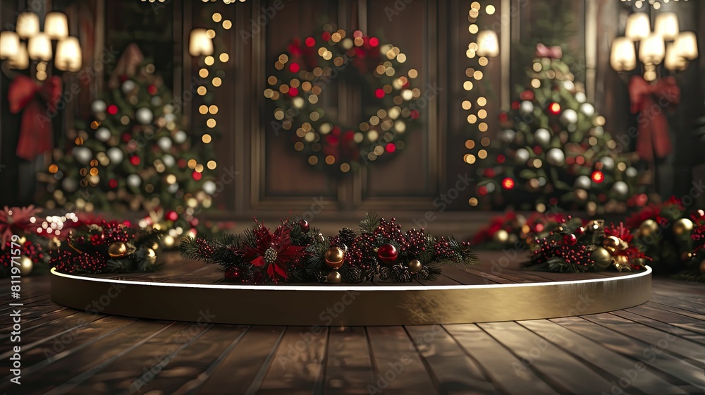 Experience the festive charm of a Christmas market podium adorned with holiday decor, perfect for unique Christmas gifts.