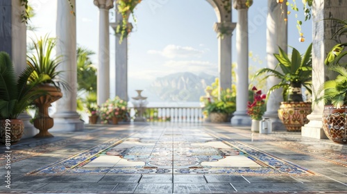 Artistic Mosaic Tile Podium, front view focus, with a Mediterranean Villa Background, ideal for artisan product displays. photo