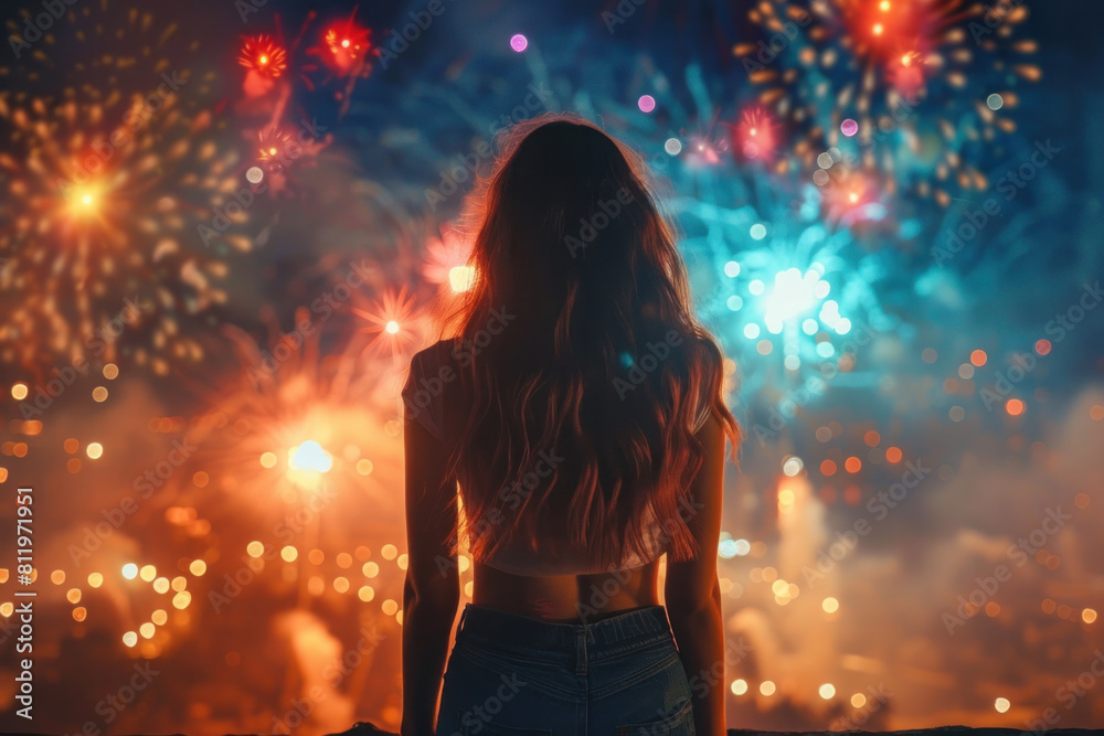 A woman stands in front of a fireworks display, looking up at the bright lights. The scene is filled with a sense of excitement and wonder