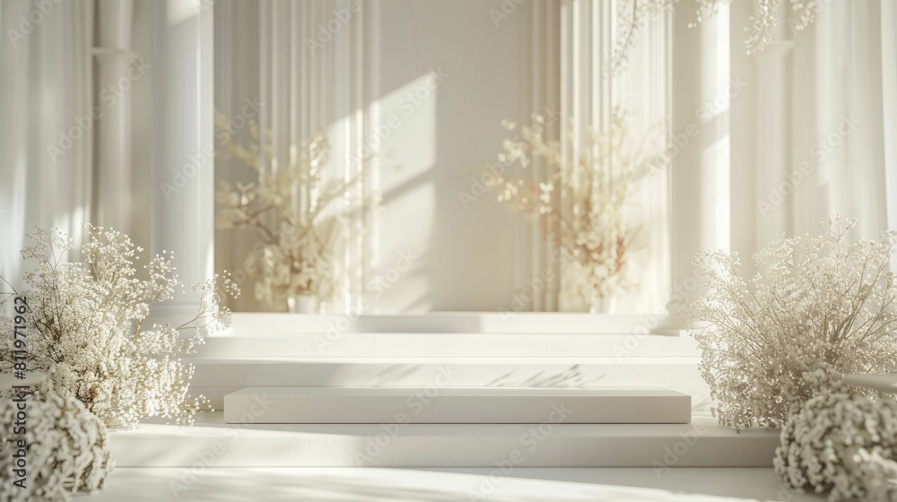 An exquisite bridal podium set against a stunning wedding venue backdrop, perfect for showcasing beautiful bridal gowns. An exquisite bridal podium set against a stunning wedding venue backdrop, perfect for showcasing beautiful bridal gowns.
