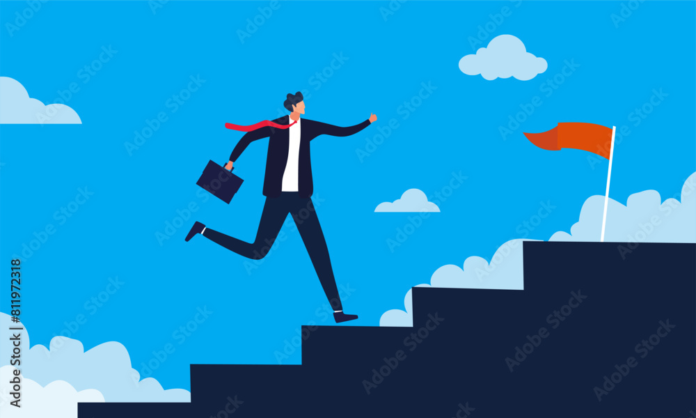 Ethnic Business man with briefcase running fast up stairs towards goal. Success in business, working hard and aspirational concept.