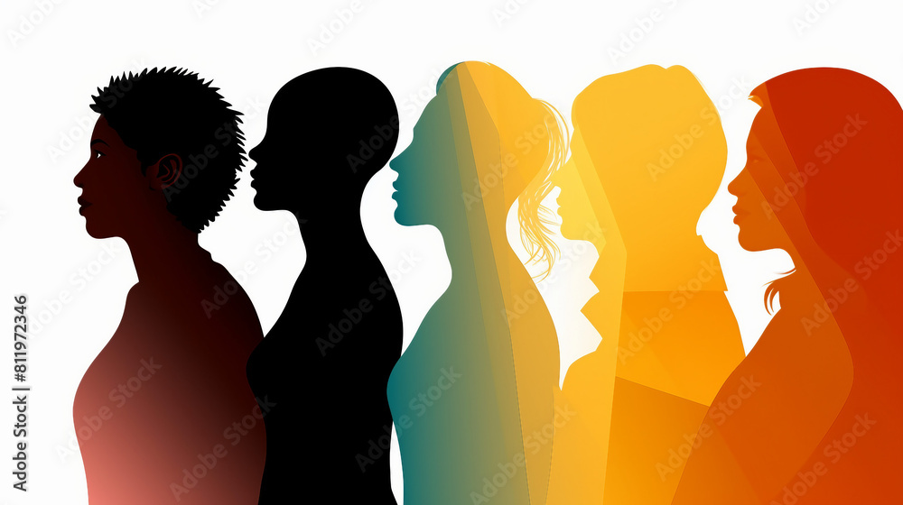 Silhouette Profile Group Illustrating Racial Equality & Multicultural Unity: Diverse Men, Women & Girls Embracing Friendship & Anti-Racism Together in a Global Society