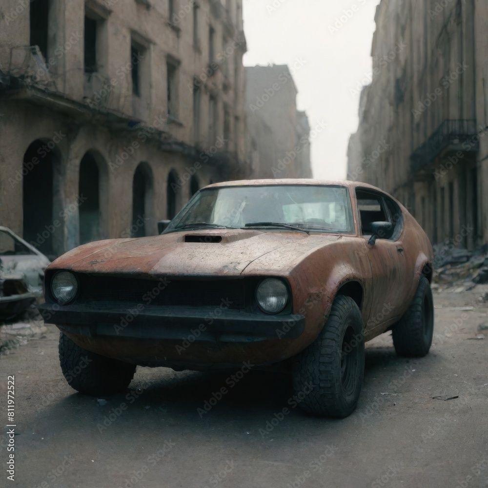 Old powerful car in ruined city stands on the street. Car in ruined city. 