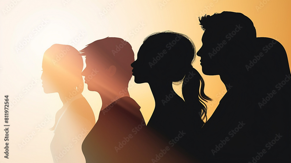 Silhouette Profile Group Illustrating Racial Equality & Multicultural Unity: Diverse Men, Women & Girls Embracing Friendship & Anti-Racism Together in a Global Society